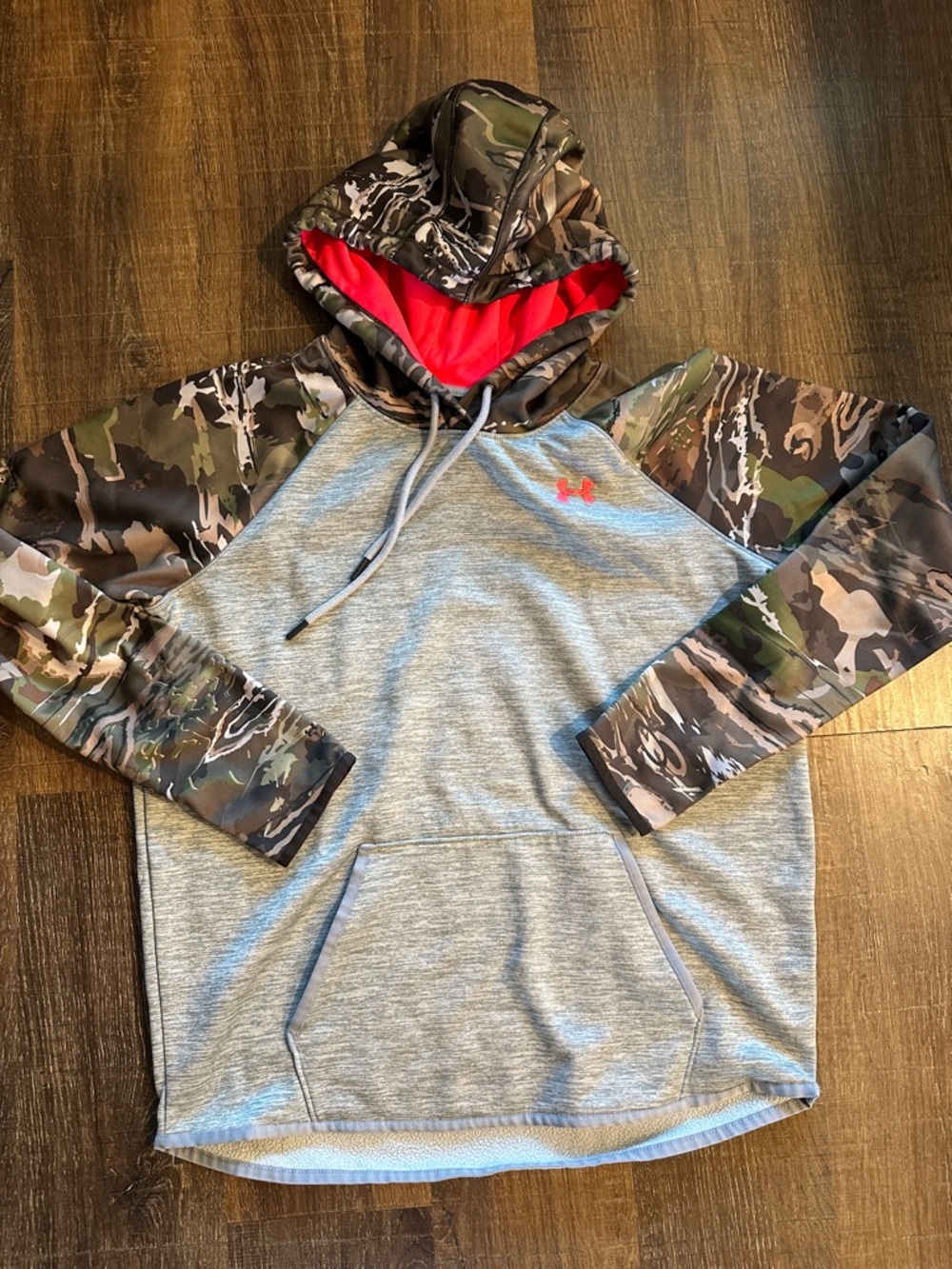 Under Armour Gray Pullover Hoodie with Camo Sleeves and Pink Hood